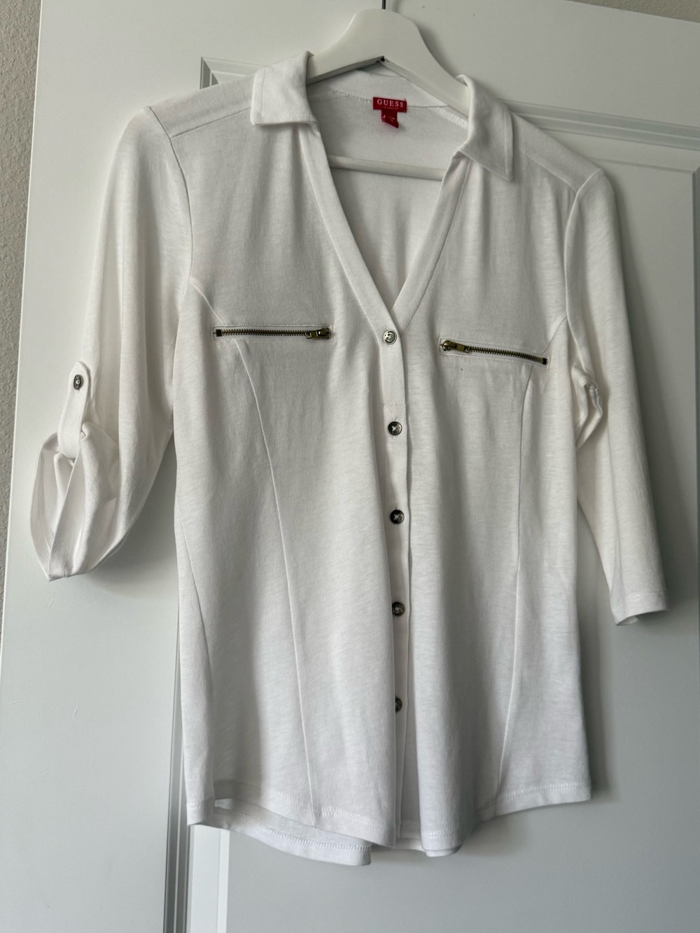 Guess White Button-Front Shirt with Zip Chest Pockets